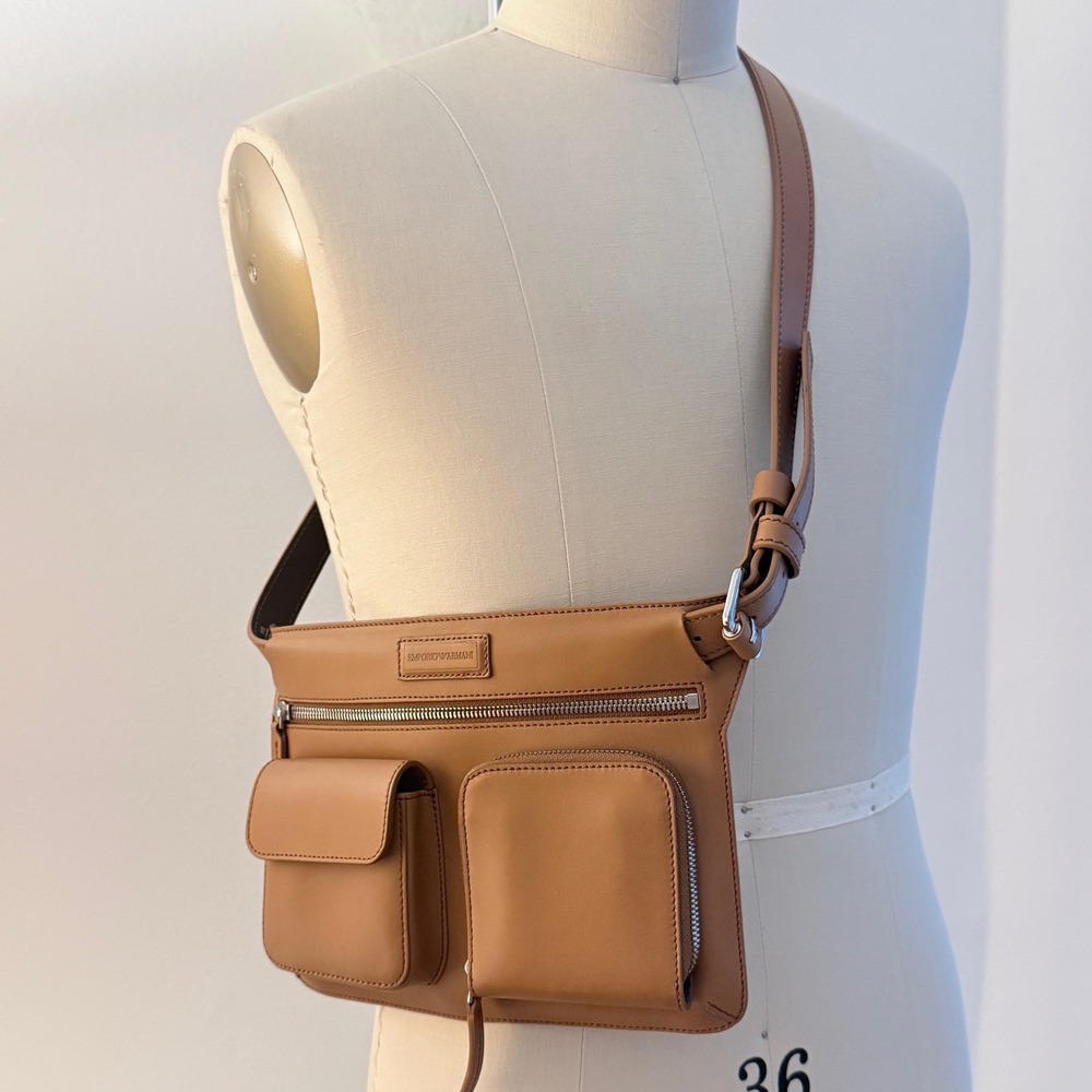 Emporio Armani Men Tan Leather Multi-Pocket Utility Crossbody Genuine Leather